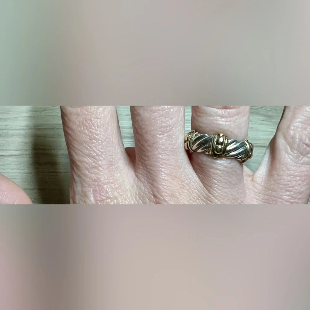 Designer Signed Sterling Silver & 10K Yellow Gold Dotted Cable Ring, Size 6.5